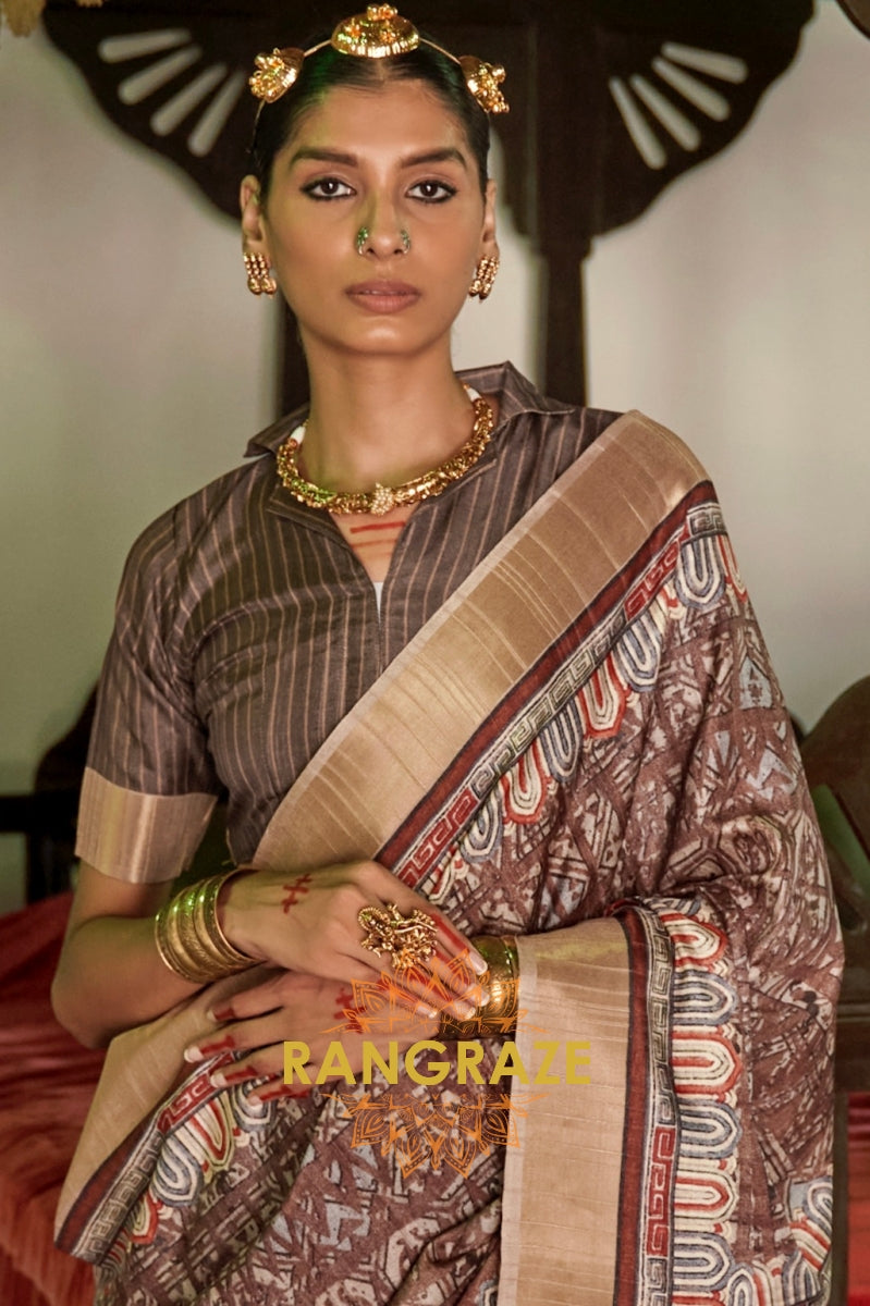 Golden Brown Printed Designer Silk Saree