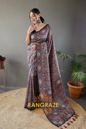 Royal Black Floral Digital Print Saree