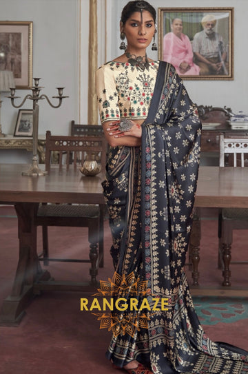 Twilight Black Gajji Silk Printed Designer Saree