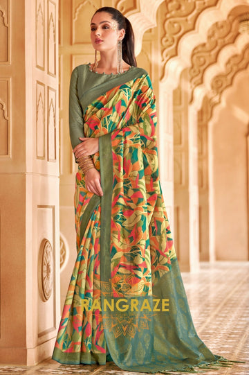 Green Yellow Cotton Satin Silk Printed Saree