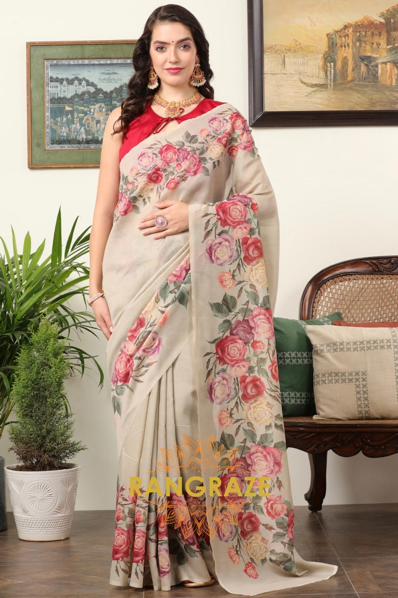 Royal Red Ivory Cream Kota Chanderi Floral Printed Saree