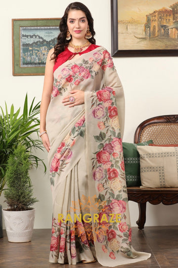 Royal Red Ivory Cream Kota Chanderi Floral Printed Saree