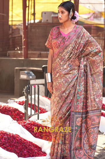 Brown Pink Multi Shade Designer Saree With Flower City Theme