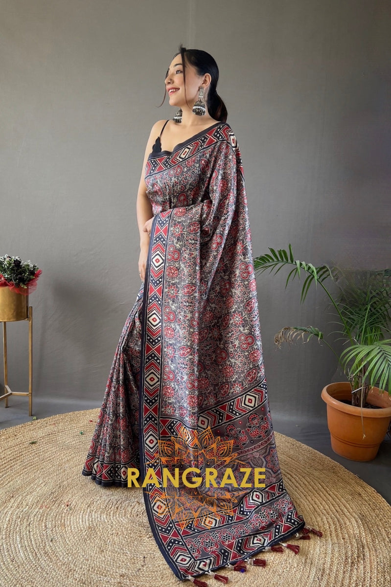 Royal Black Floral Digital Print Saree