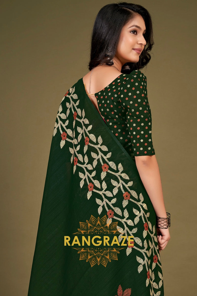 Dark Green Festive Floral Pattern Silk Saree