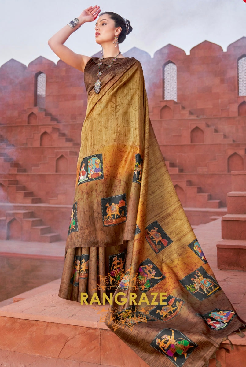 Golden Tusser Silk Multi Shade Printed Saree