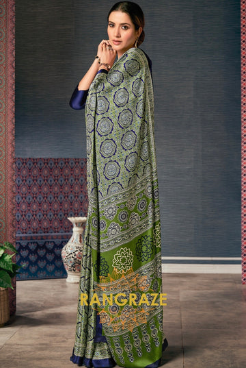 Timeless Green Satin Silk Ajrakh Print Saree