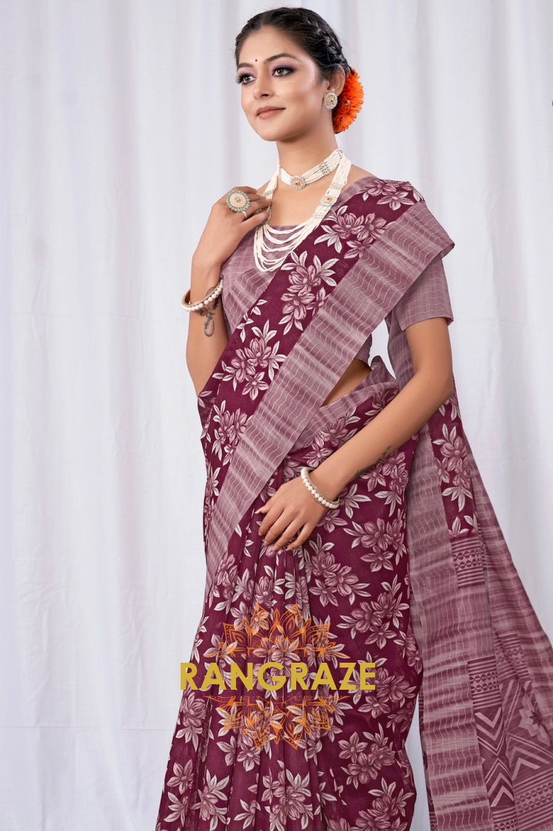 Regal Maroon Floral Pattern Silk Saree