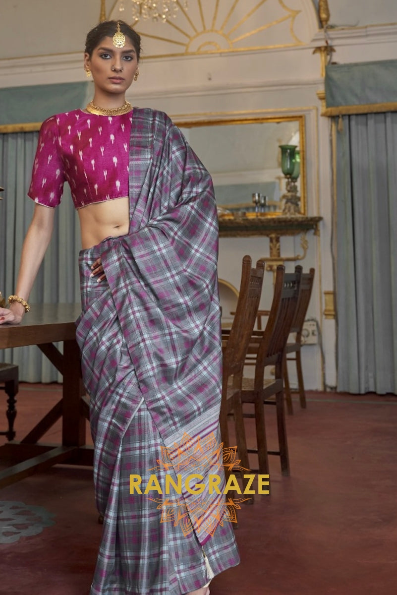 Purple Grey Modern Banarasi Silk Printed Designer Saree