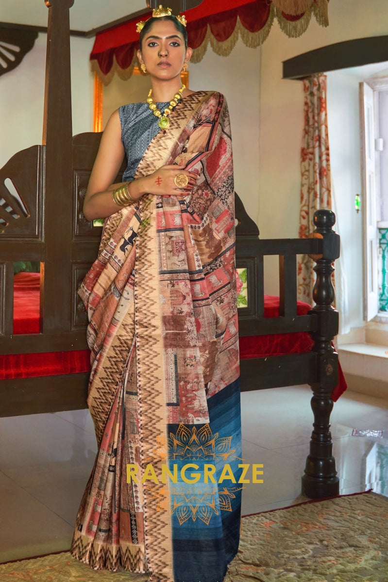 Chestnut Brown And Pink Printed Designer Silk Saree