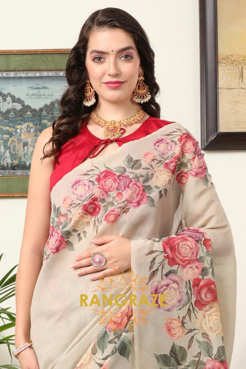 Royal Red Ivory Cream Kota Chanderi Floral Printed Saree