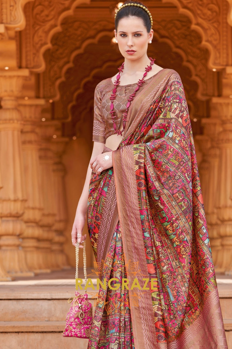 Rich Pink Bamboo Silk Weaving Printed Saree