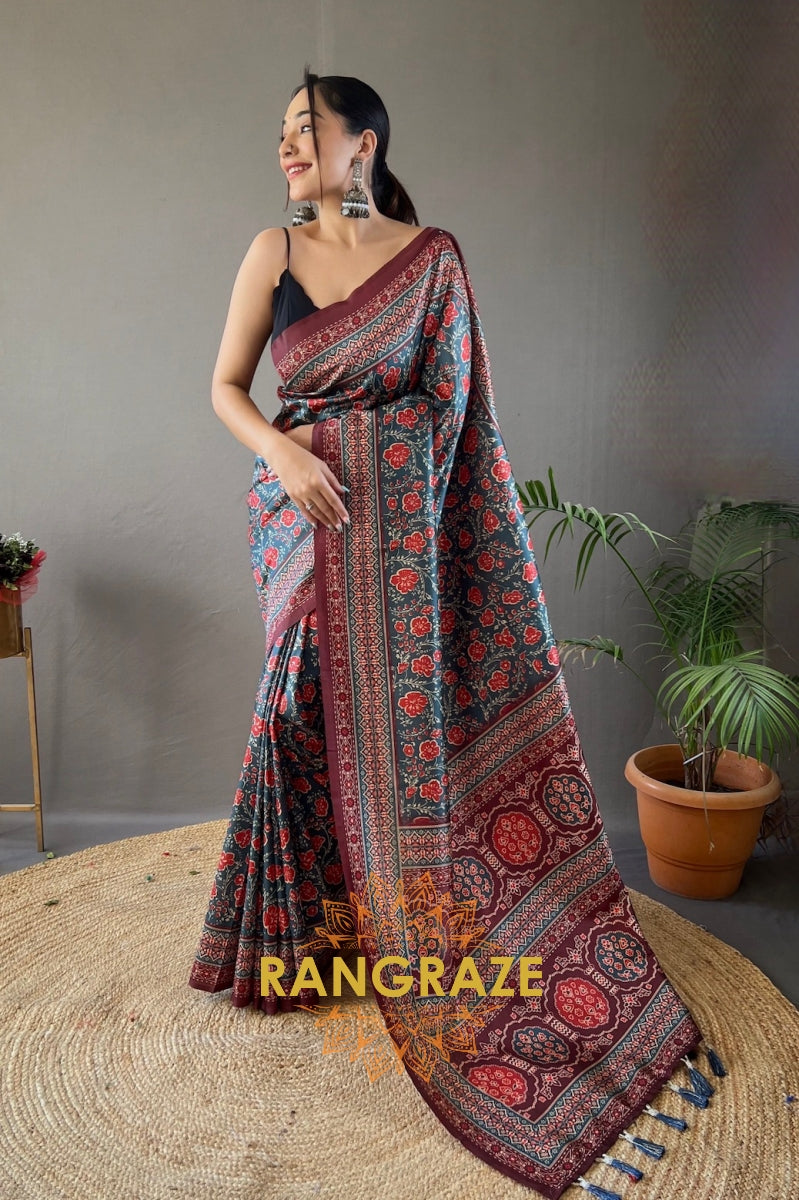 Royal Grey Black Floral Digital Print Saree