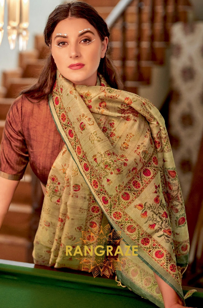 Imperial Beige Lime Green Pure Banarasi Zari Silk Printed Saree