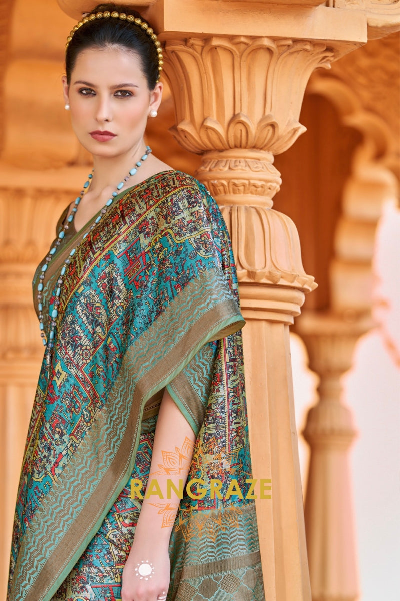 Turquoise Blue Bamboo Silk Weaving Printed Saree