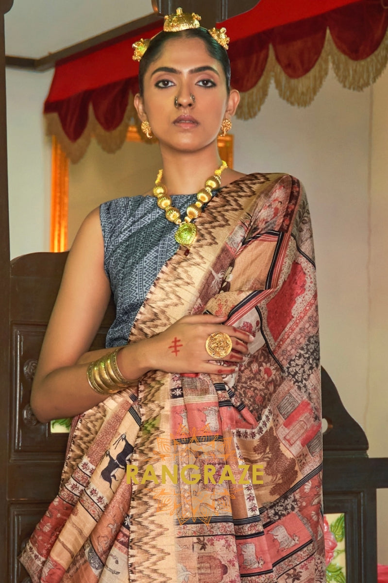 Chestnut Brown And Pink Printed Designer Silk Saree