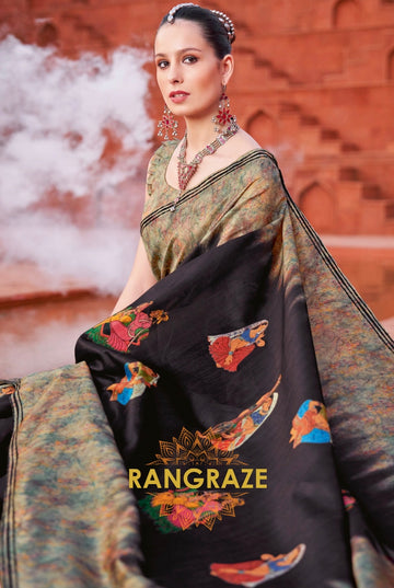 Black Tusser Silk Multi Shade Printed Saree