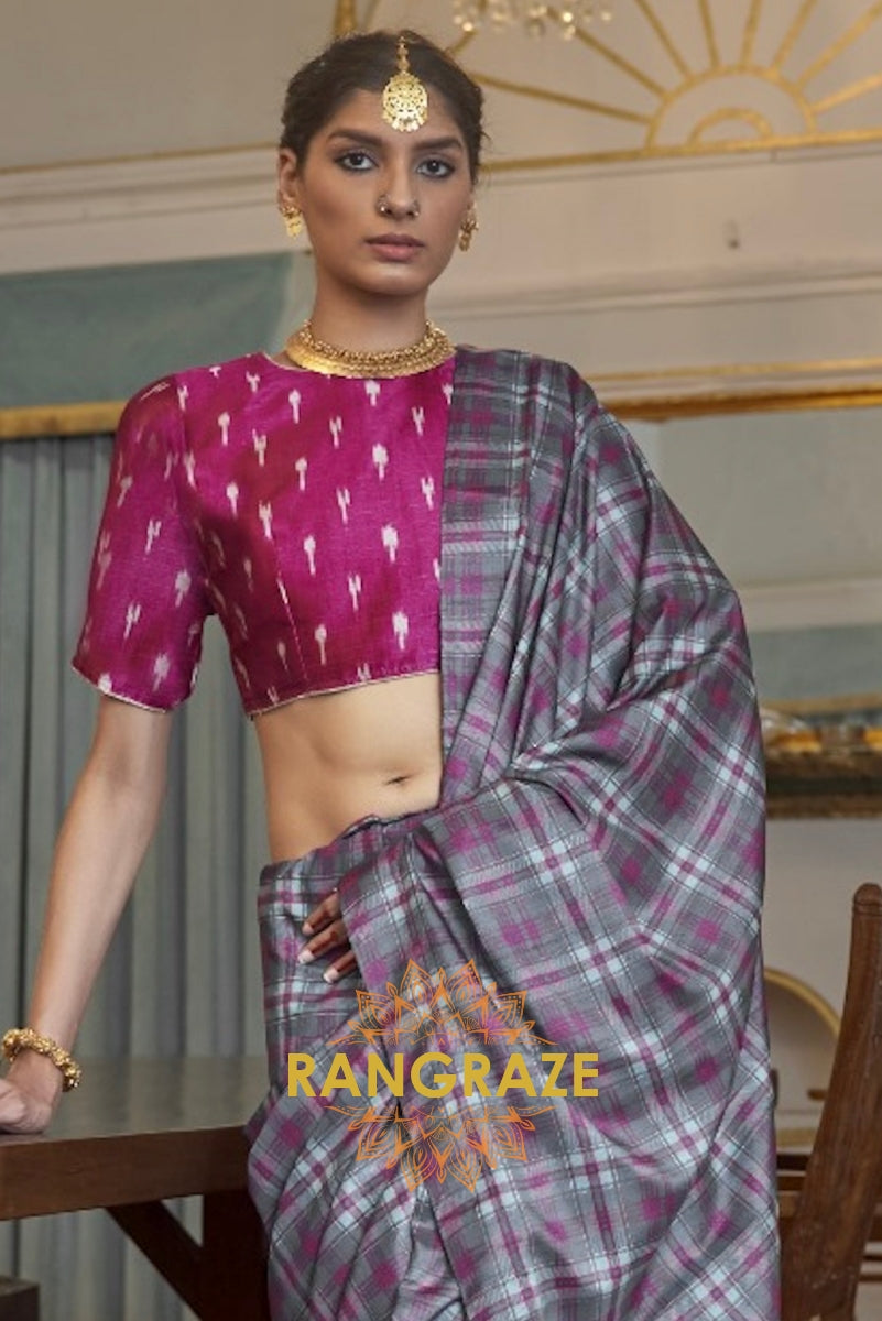 Purple Grey Modern Banarasi Silk Printed Designer Saree