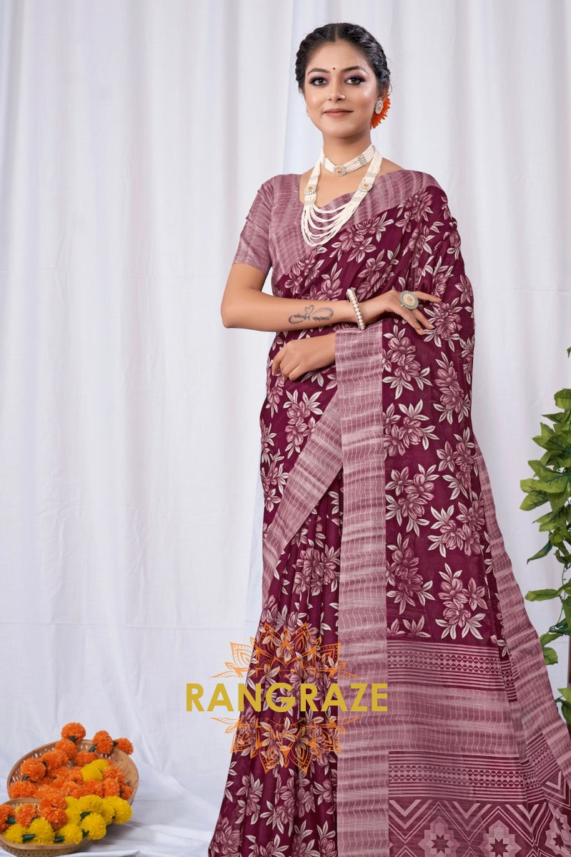 Regal Maroon Floral Pattern Silk Saree