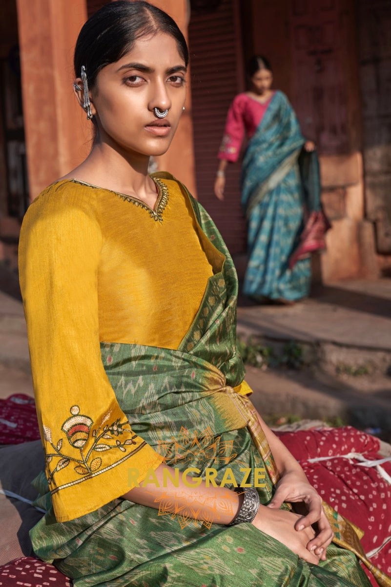 Forest Green Designer Saree With Pink City Theme