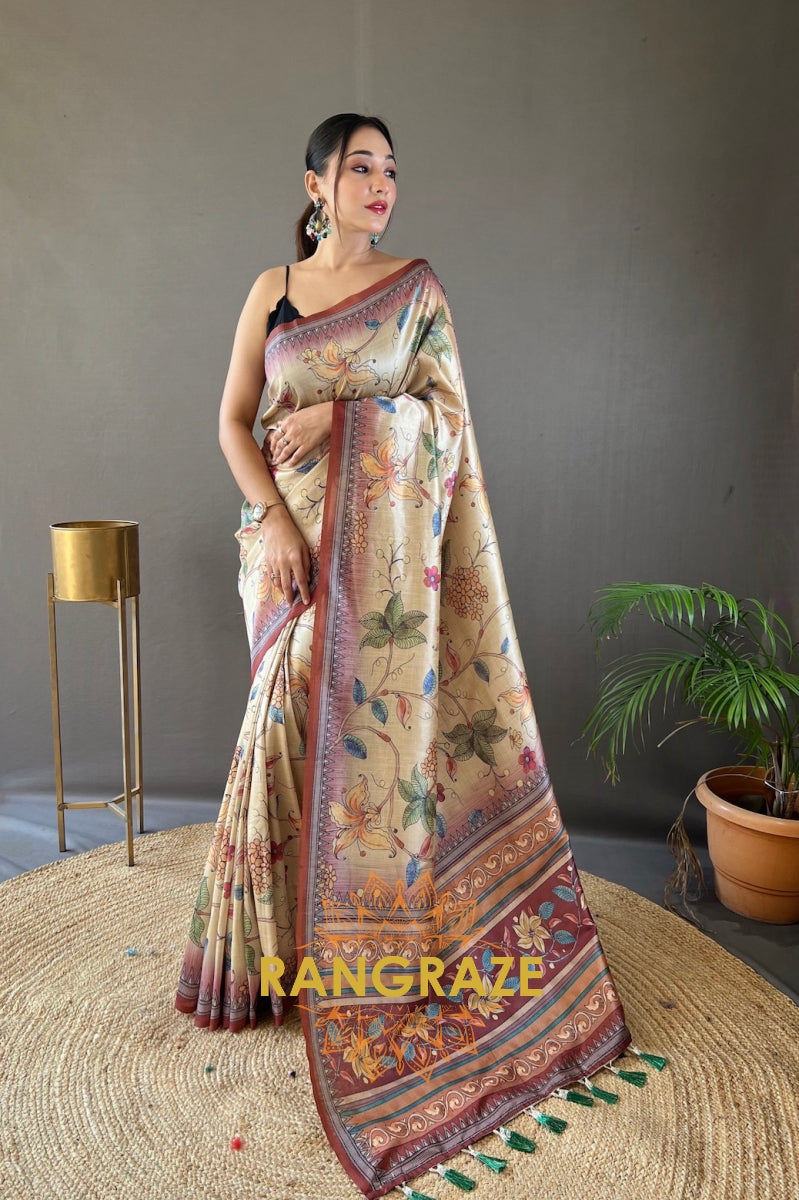 Golden Multi Shade Digital Kalamkari Printed Saree