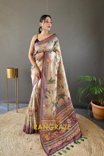 Golden Multi Shade Digital Kalamkari Printed Saree