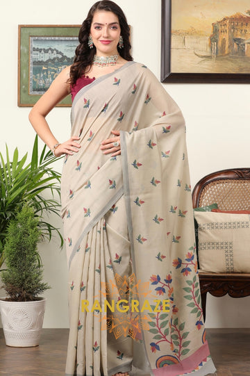 Maroon Ivory Cream Kota Chanderi Floral Printed Saree