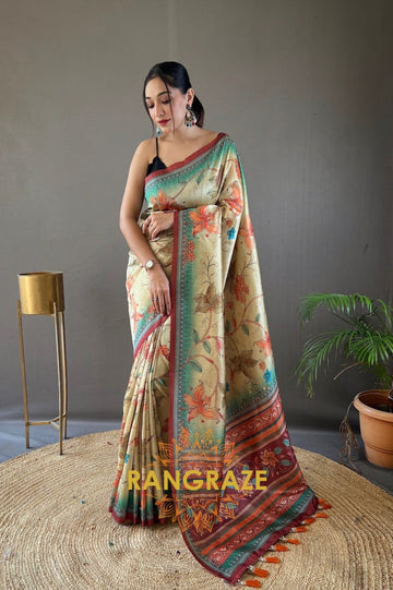 Yellow Multi Shade Digital Kalamkari Printed Saree