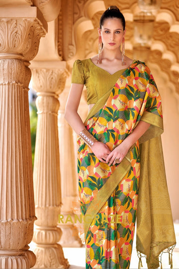 Golden Cotton Satin Silk Printed Saree