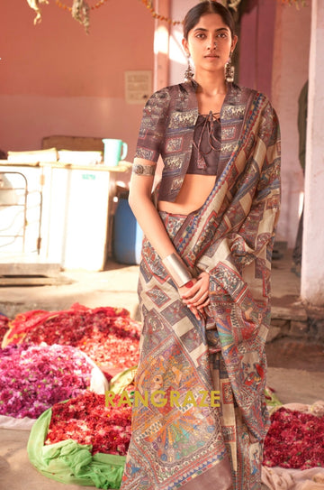 Brown Multi Shade Designer Saree With Flower City Theme