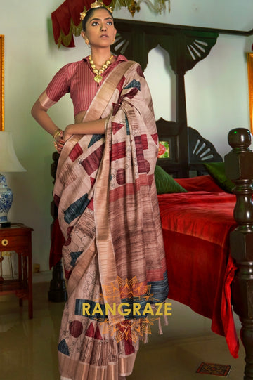 Caramel Brown And Maroon Printed Designer Silk Saree