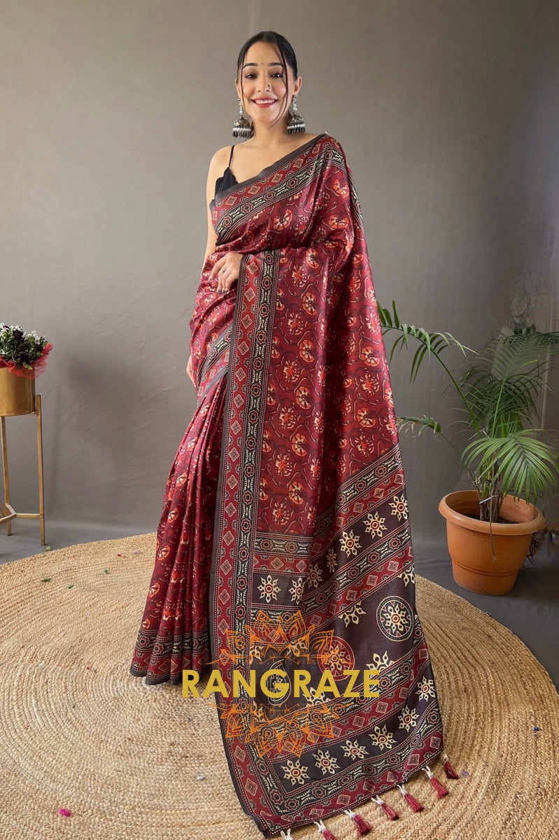 Royal Maroon Floral Digital Print Saree