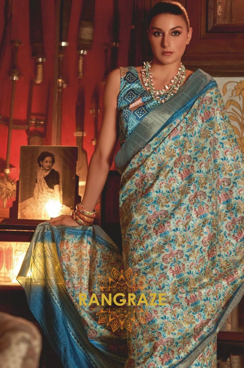 Turquoise Blue Multi Shade Kotha Zari Printed Saree