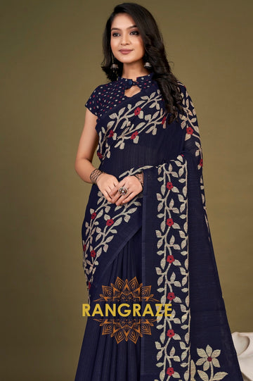 Navy Blue Festive Floral Pattern Silk Saree