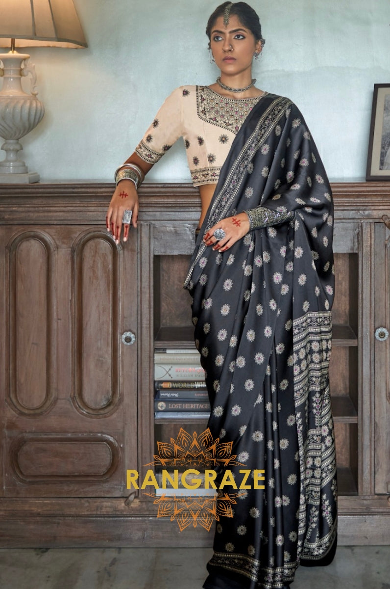 Jet Black Gajji Silk Printed Designer Saree