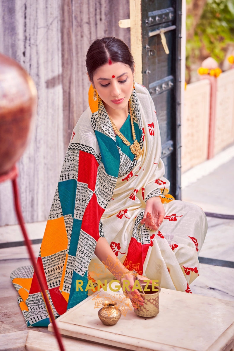 Ethereal White Bhagalpuri Silk Printed Saree