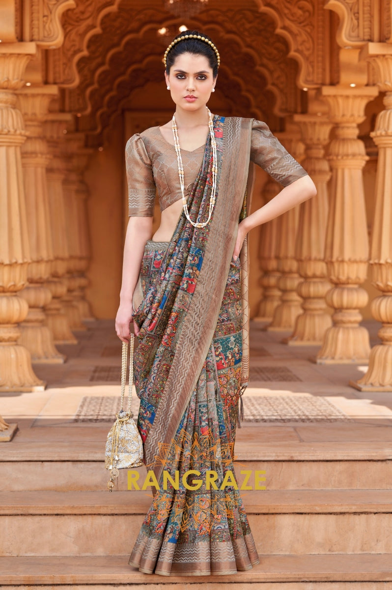 Brown Bamboo Silk Weaving Printed Saree