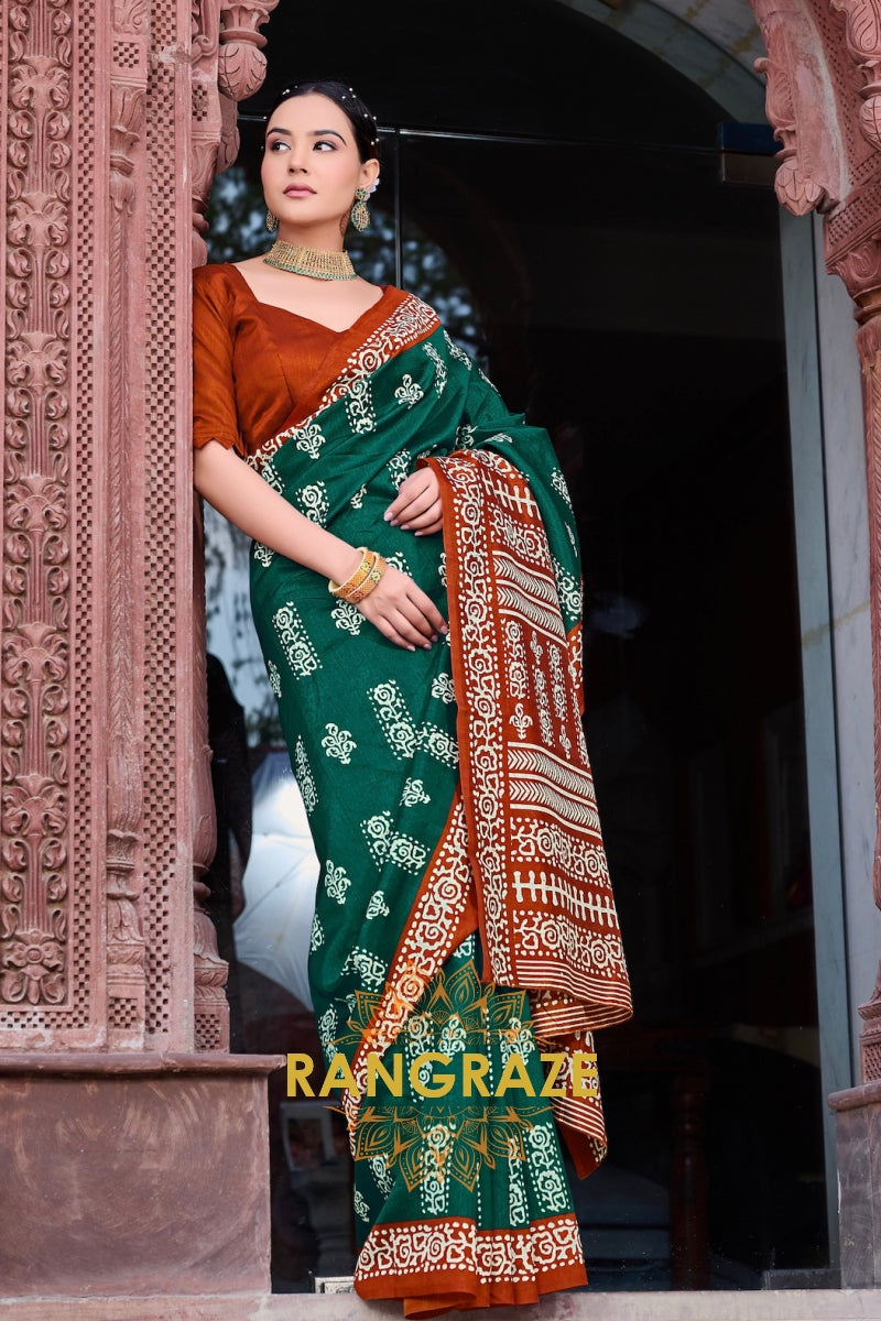 Luxurious Green Printed Bhagalpuri Silk Saree