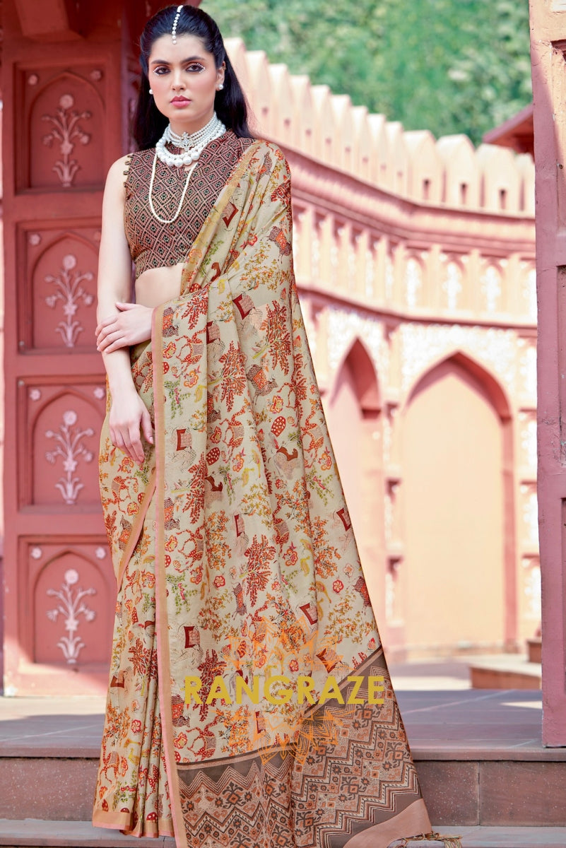 Regal Beige Pure Banarasi Silk Printed Saree