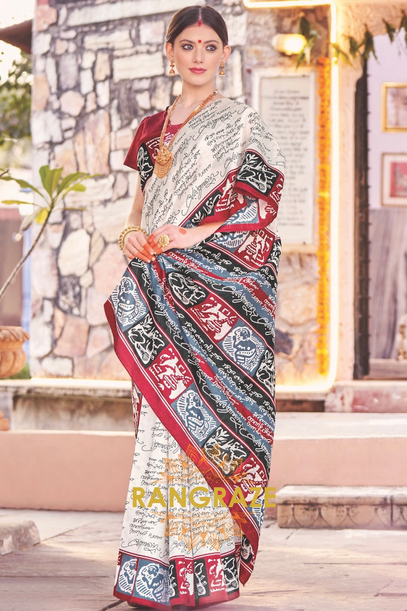 Ethereal Pearl White Bhagalpuri Silk Printed Saree