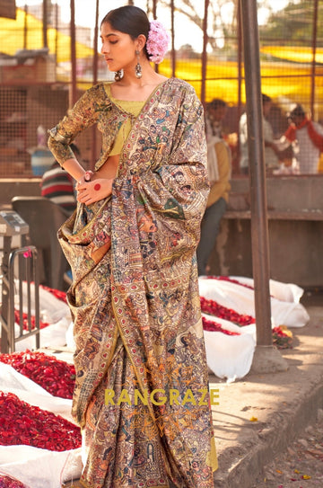 Brown Yellow Multi Shade Designer Saree With Floral City Theme