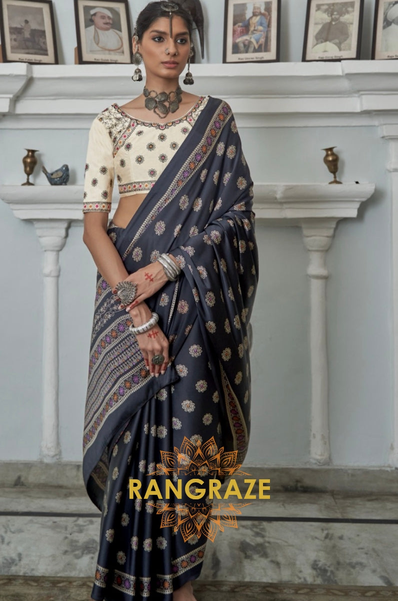 Midnight Black Gajji Silk Printed Designer Saree