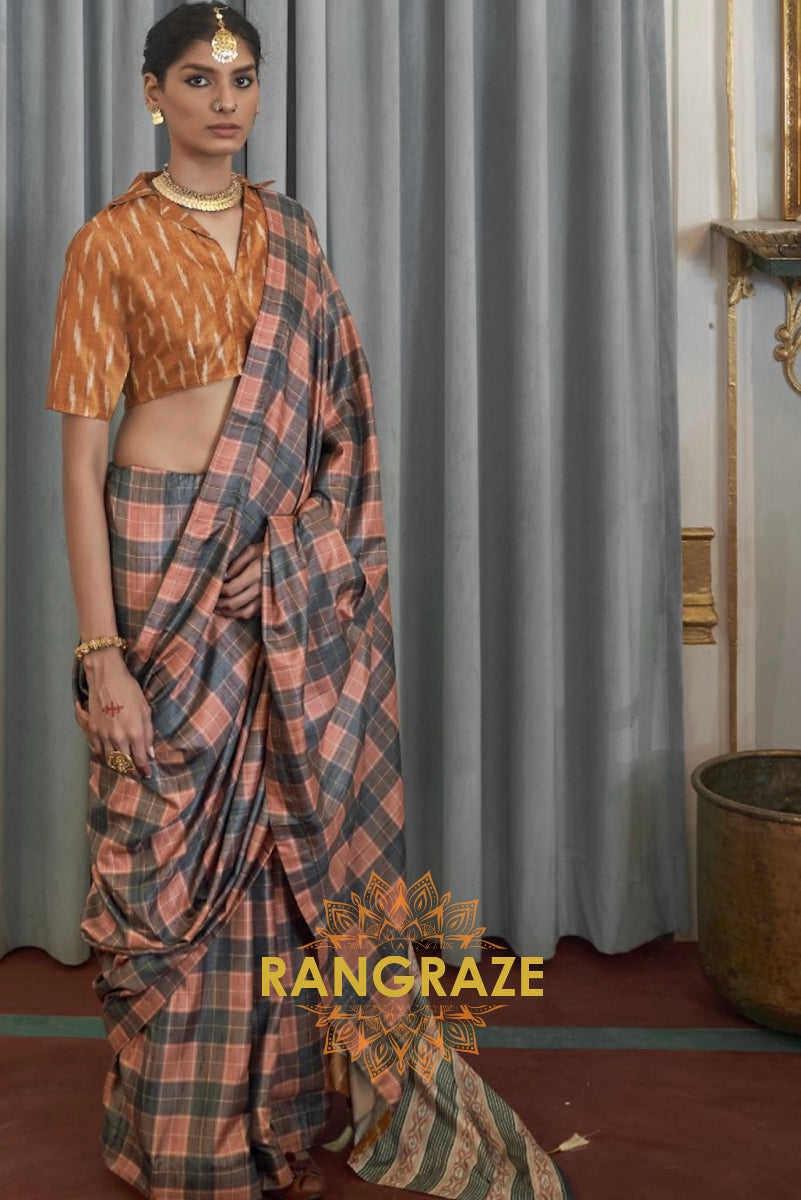 Black Peach Modern Banarasi Silk Printed Designer Saree