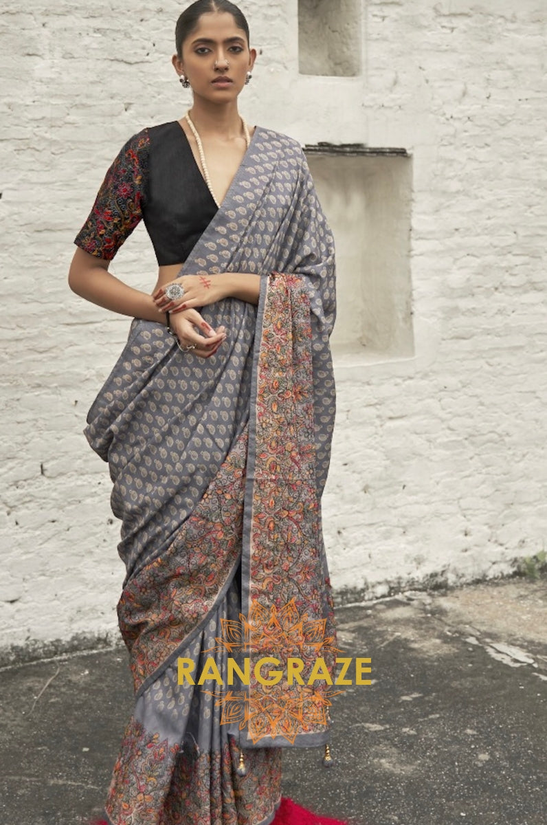 Blue Grey Tirupur Style Royal Designer Silk Saree