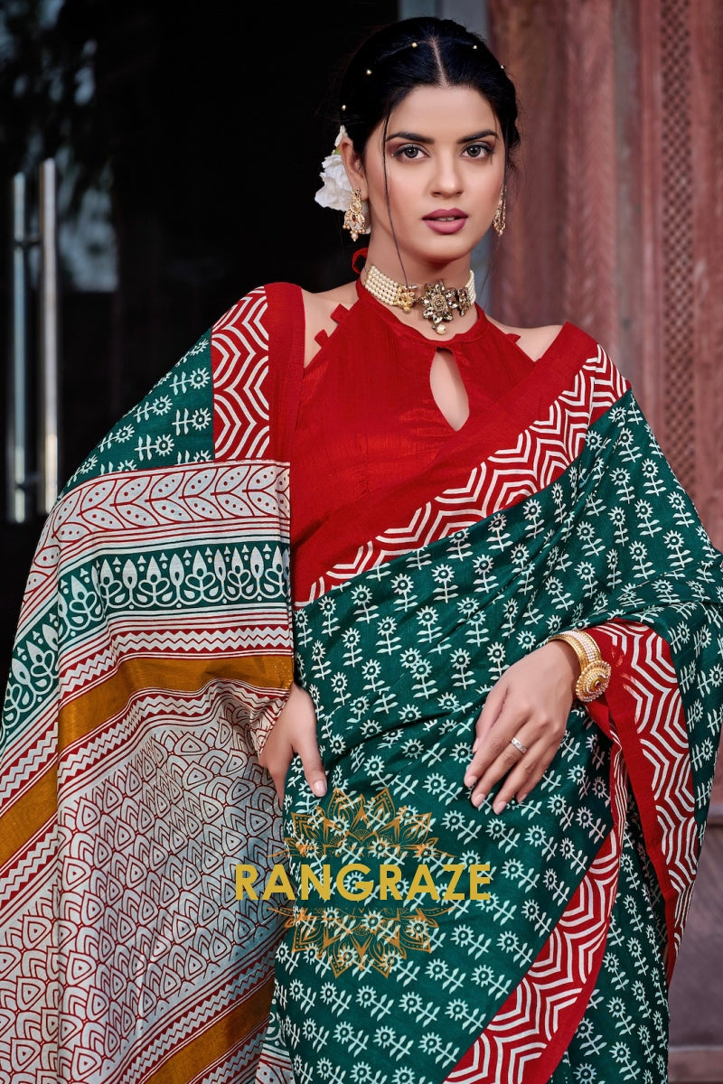 Luxurious Green Bhagalpuri Silk Printed Saree