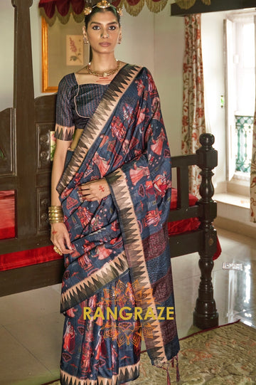 Navy Blue Printed Designer Silk Saree