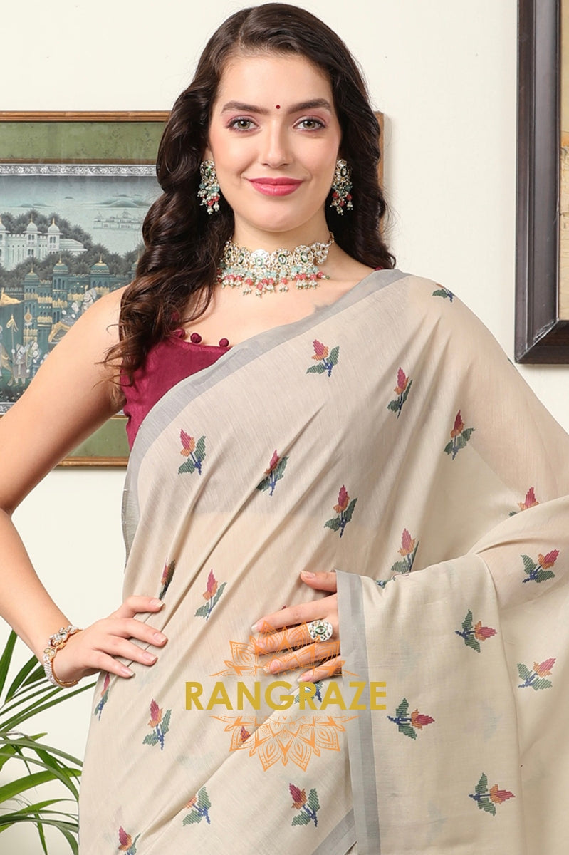 Maroon Ivory Cream Kota Chanderi Floral Printed Saree