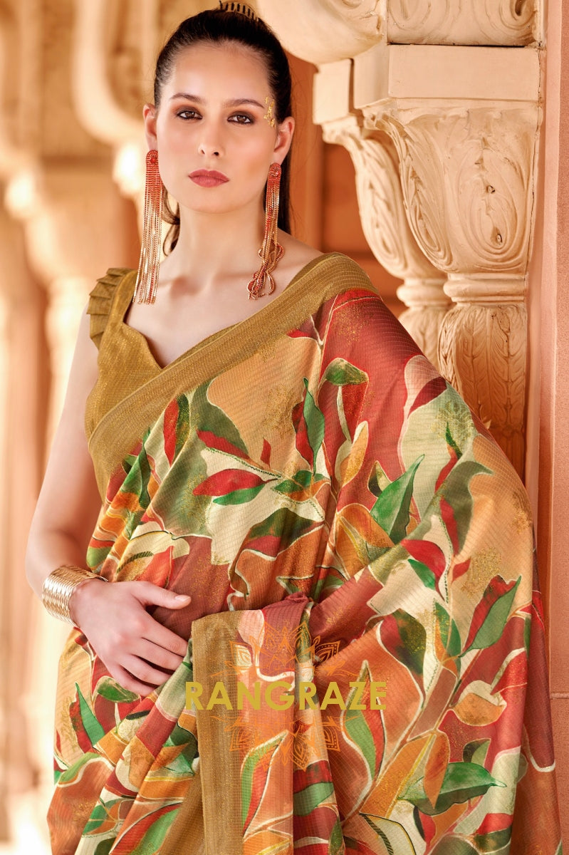 Golden Pink Cotton Satin Silk Printed Saree