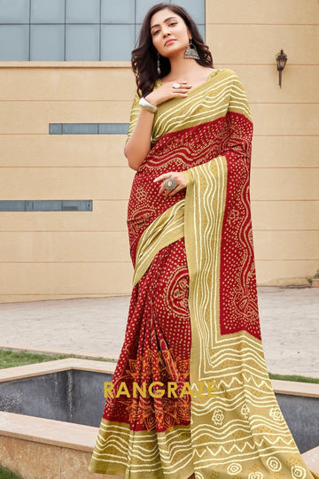 Golden Red Royal Bandhej Print Gajji Silk Saree