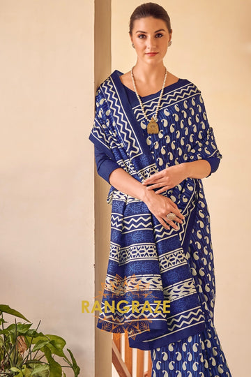 Elegant Indigo Blue Bhagalpuri Silk Printed Saree